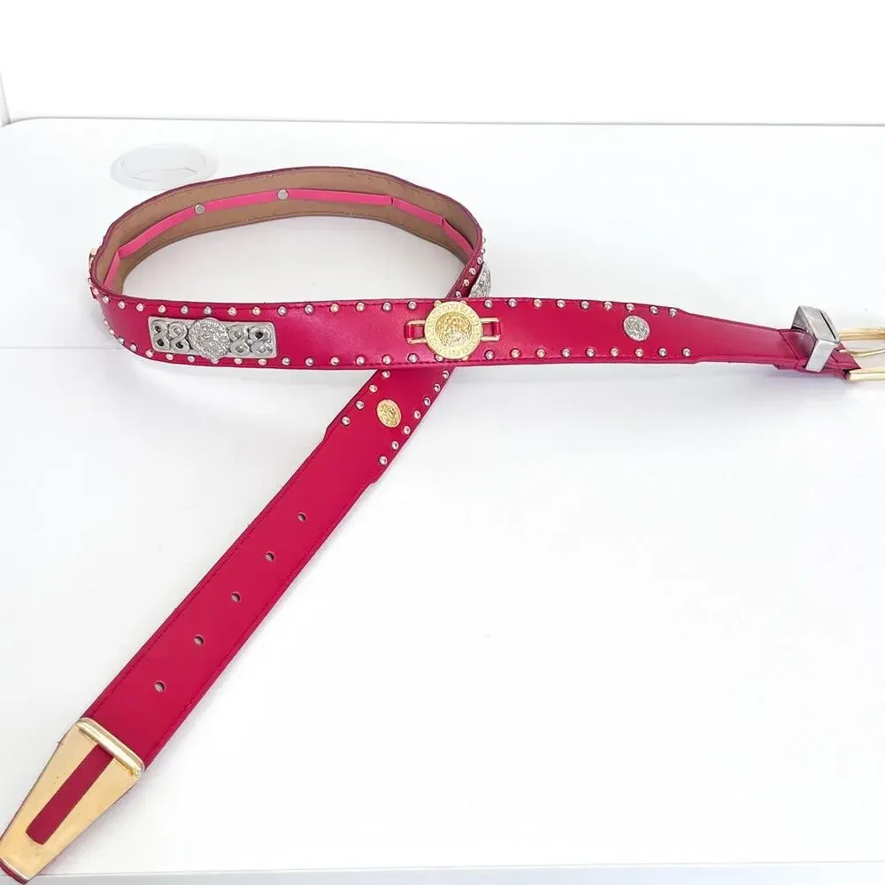 Vintage Womens Western Studded Lion‎ Belt 42 Red Faux Leather Concert Festival